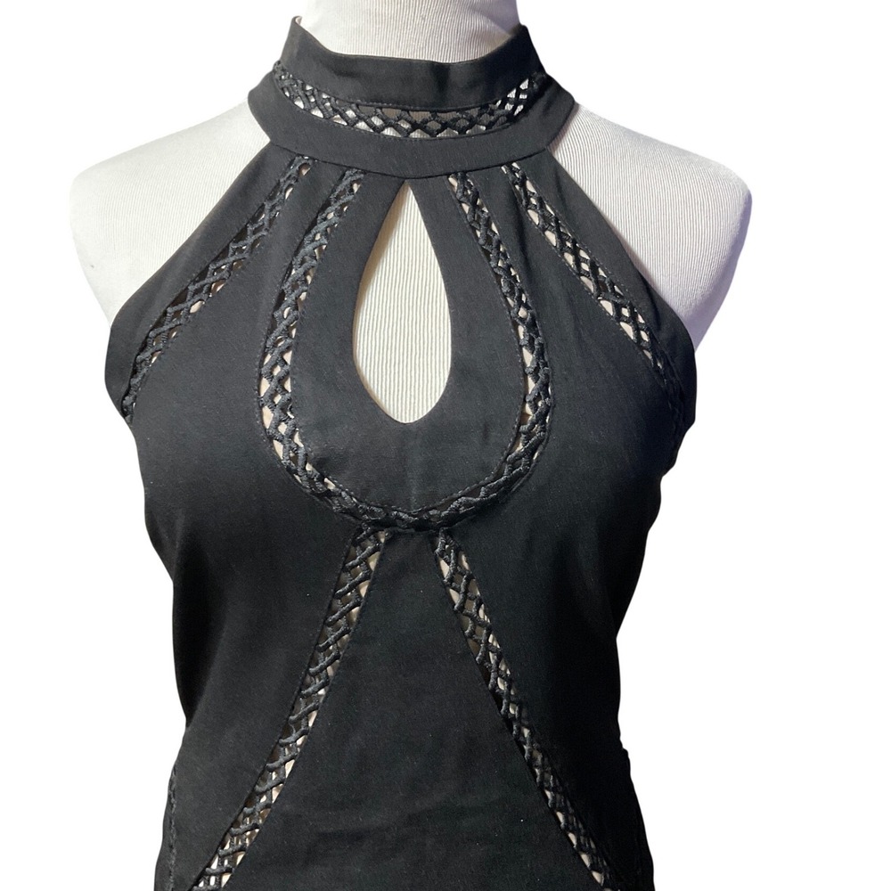 Midnight Doll Black Halter‎ Sheath Dress Lattice Crochet Keyhole Size 9